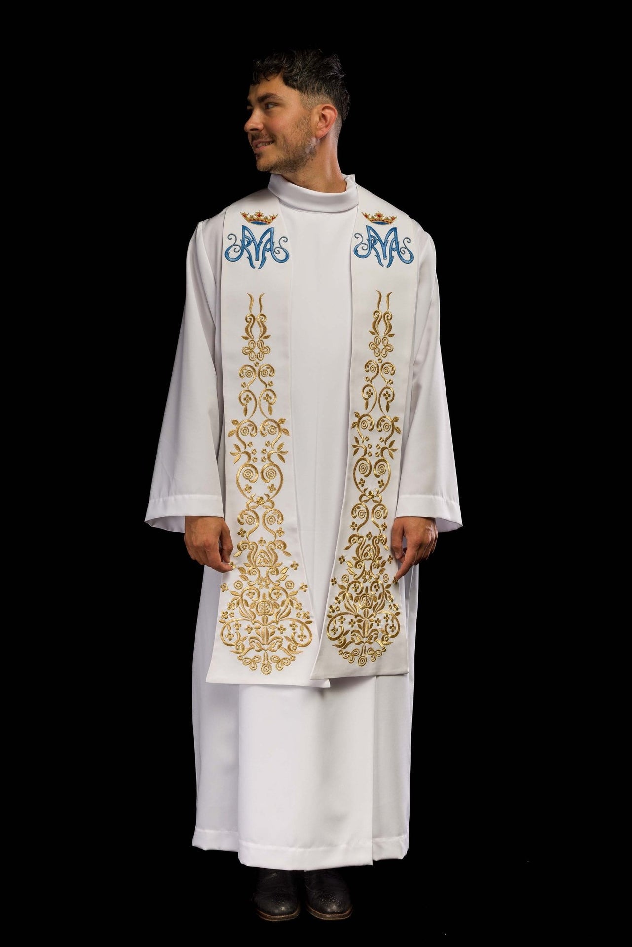 Stuła kapłańska biała haftowana motyw Maryjny z koroną