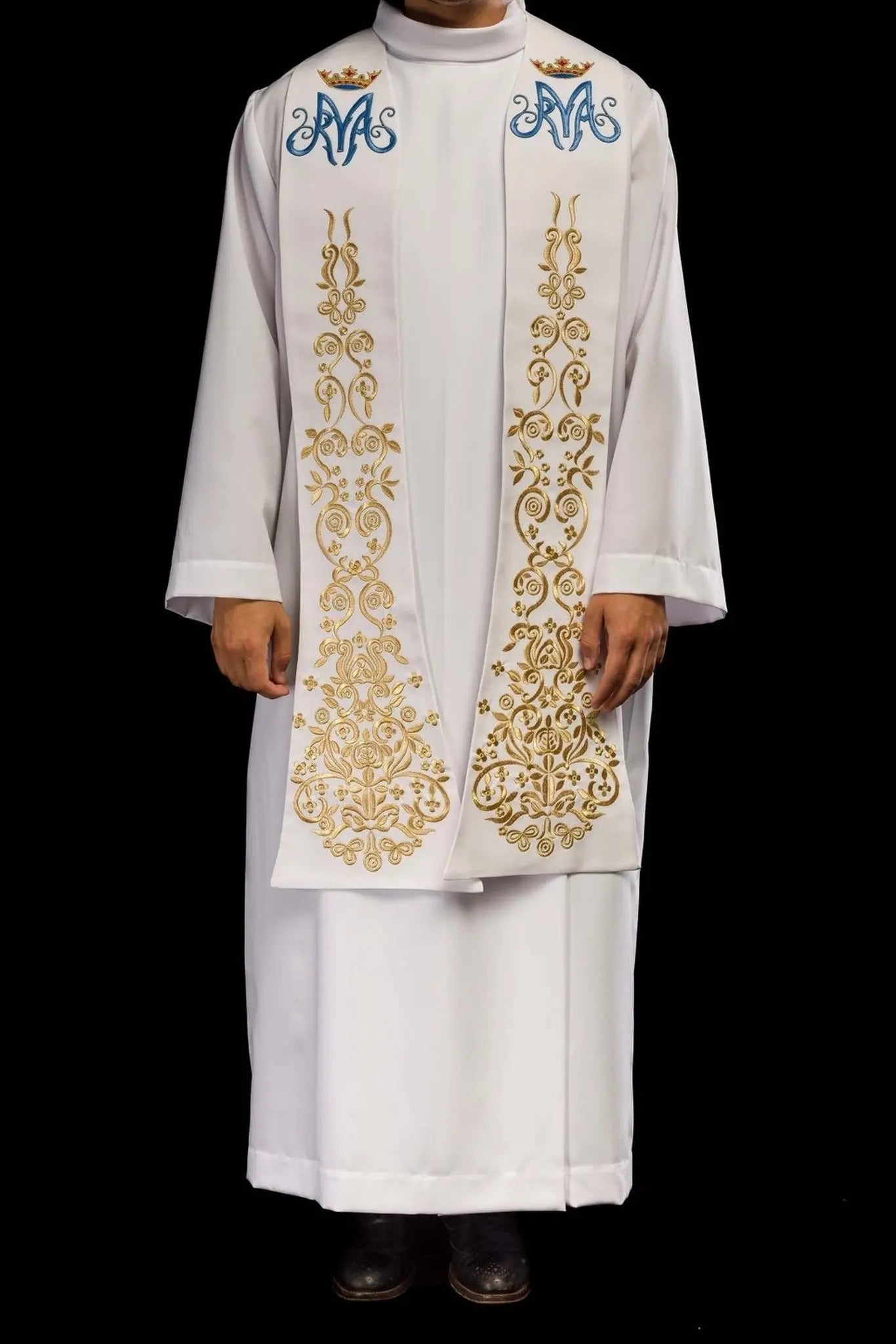 Étole blanche de prêtre brodée motif marial avec couronne