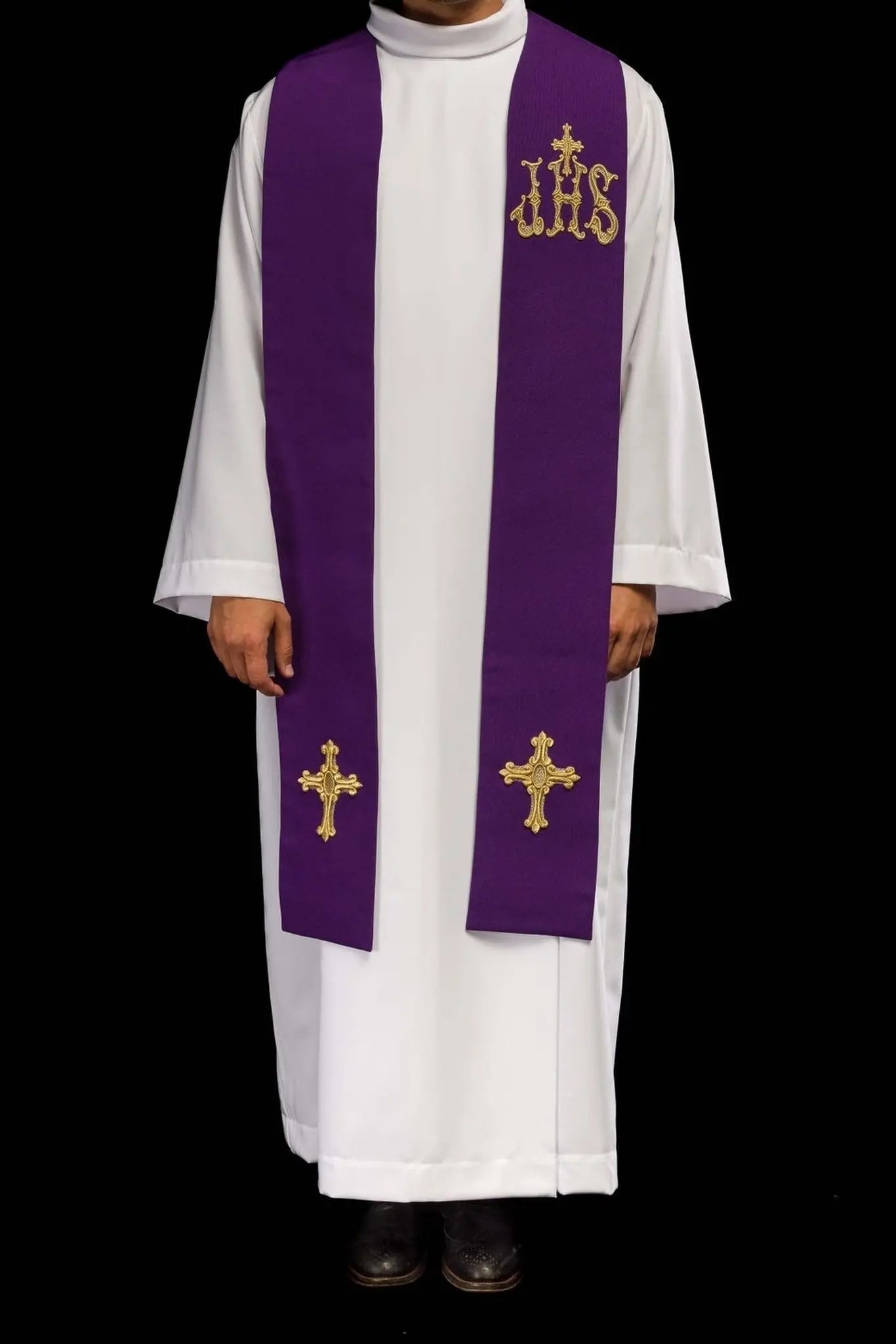 Étole violette de prêtre brodée avec croix et IHS