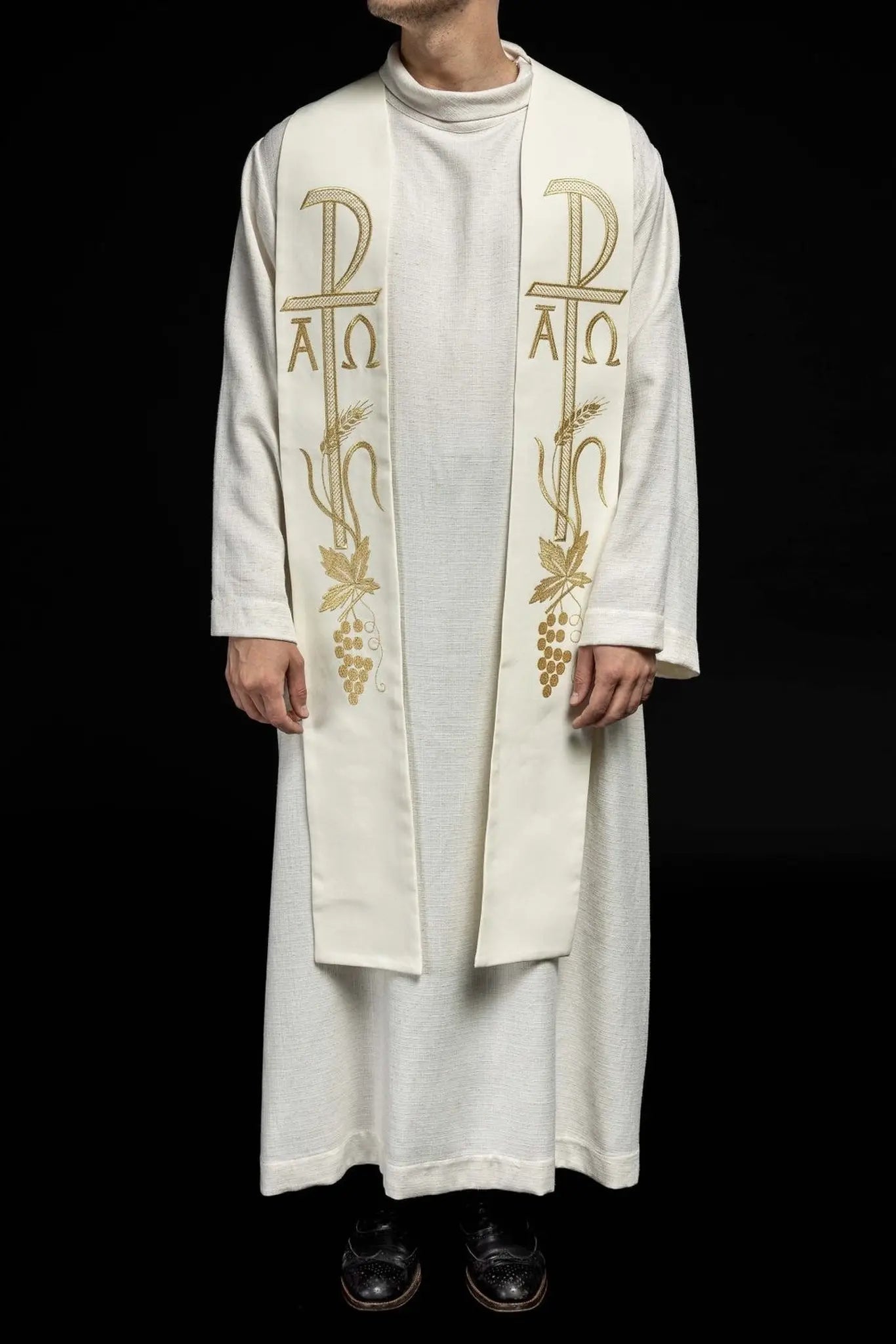Étole de prêtre brodée Alpha et Omega écrue