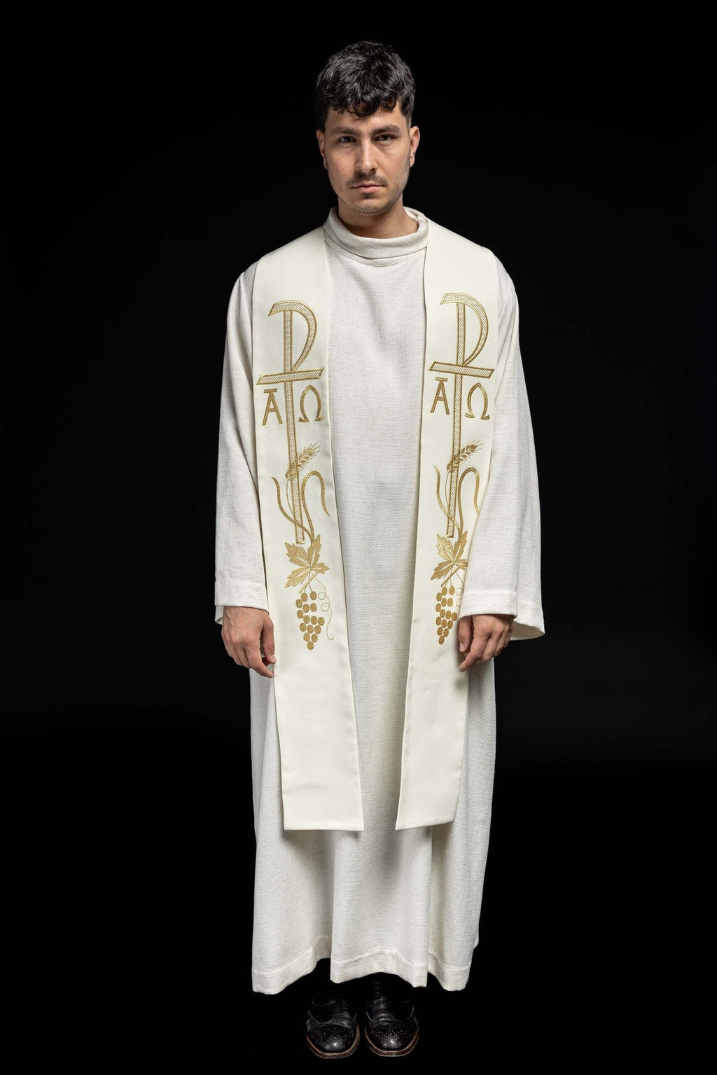 Stuła kapłańska haftowana Alfa i Omega ecru