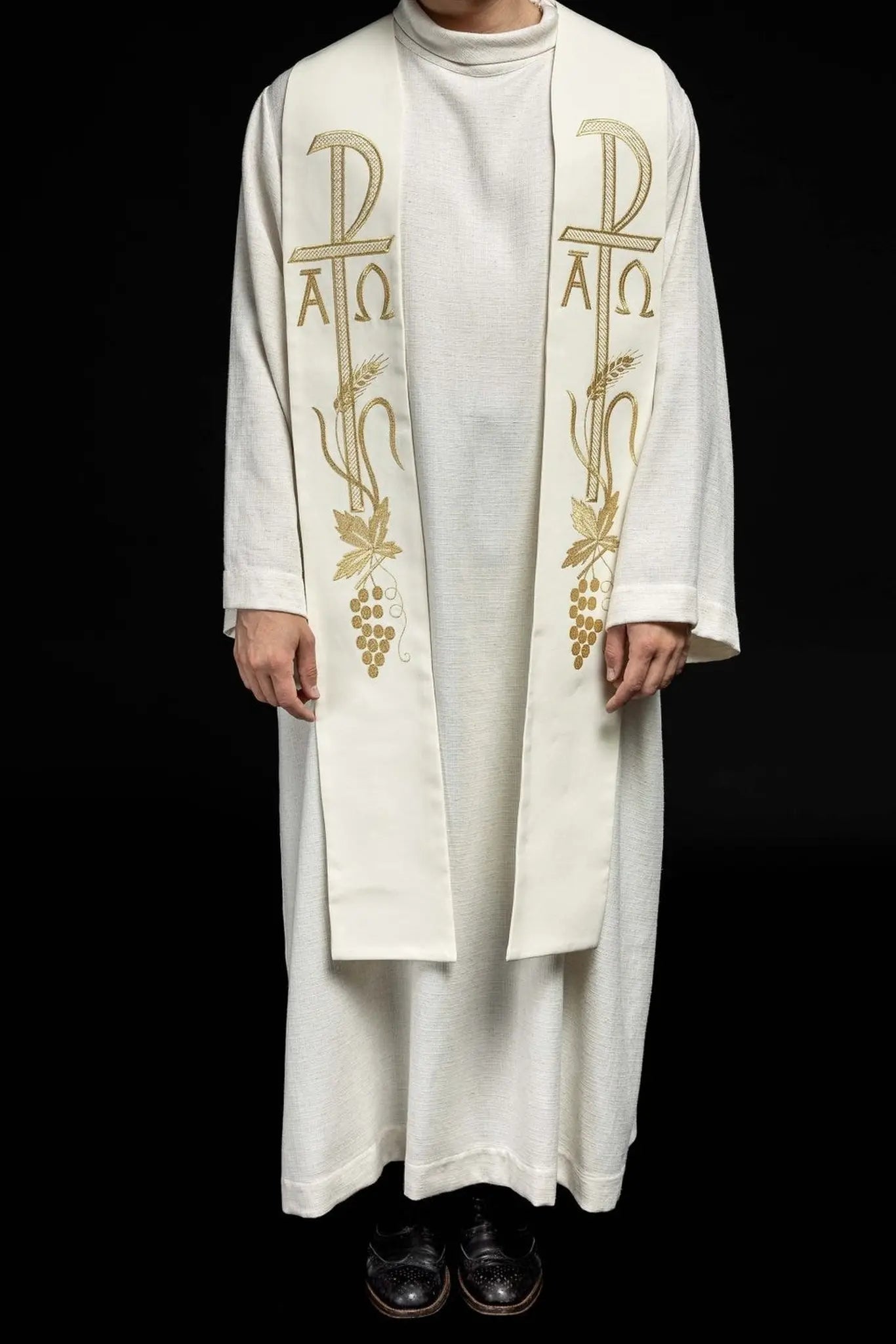 Étole de prêtre brodée Alpha et Omega écrue