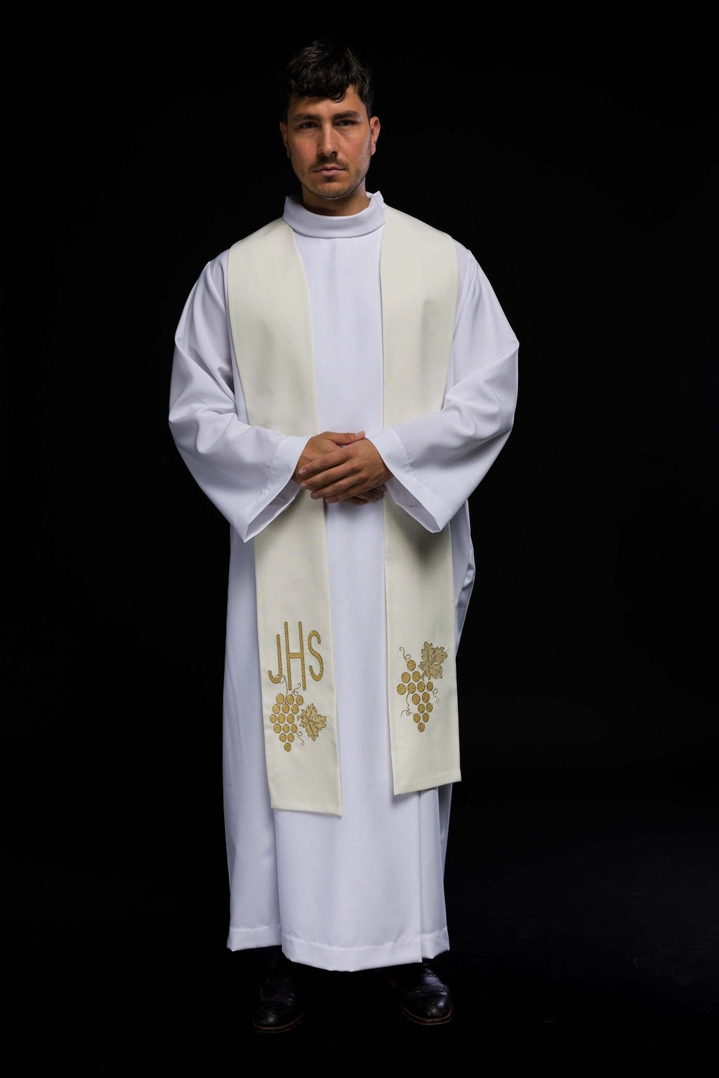 Stuła kapłańska haftowana IHS z winogronami ecru