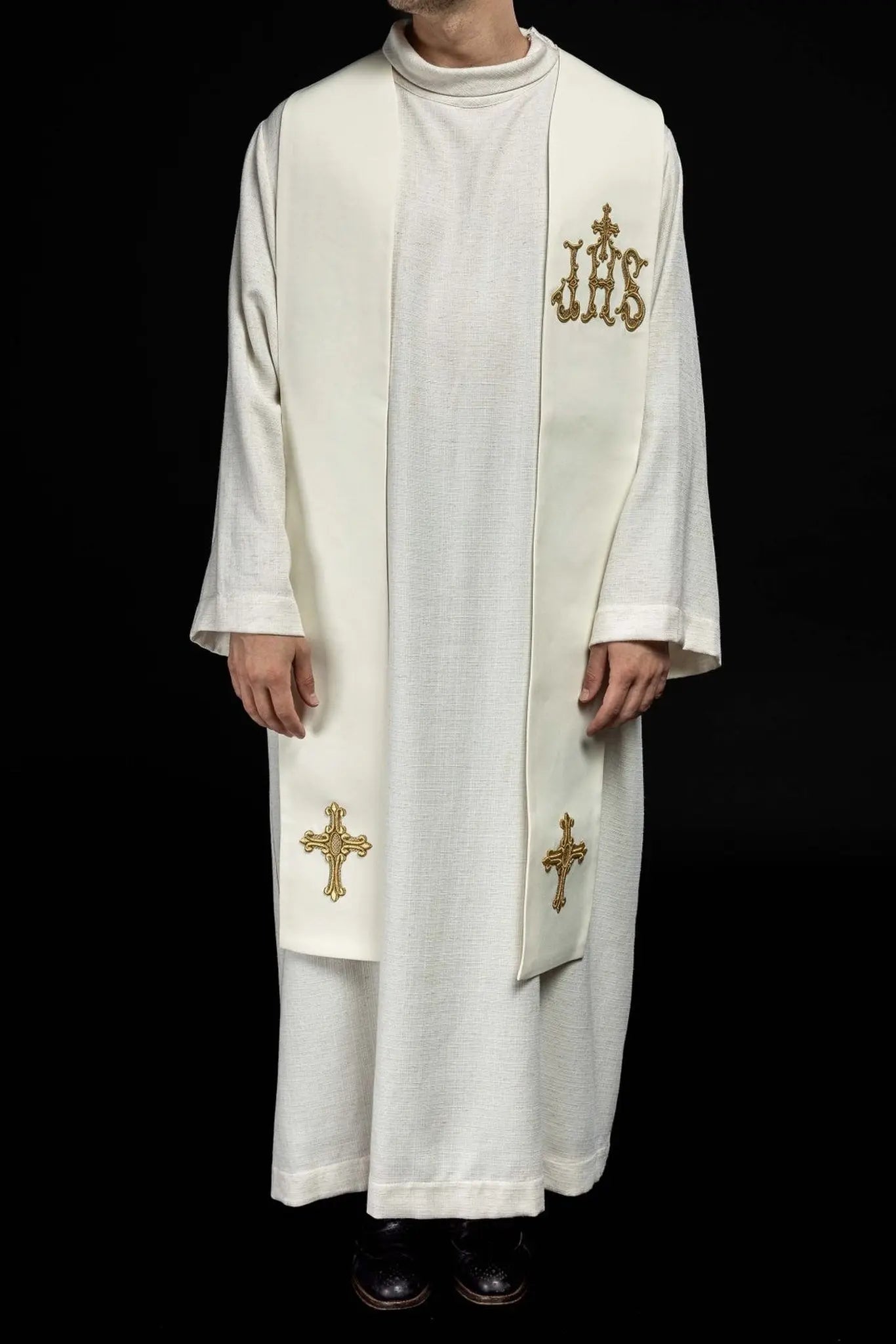Étoles de prêtre brodées Croix et IHS écru