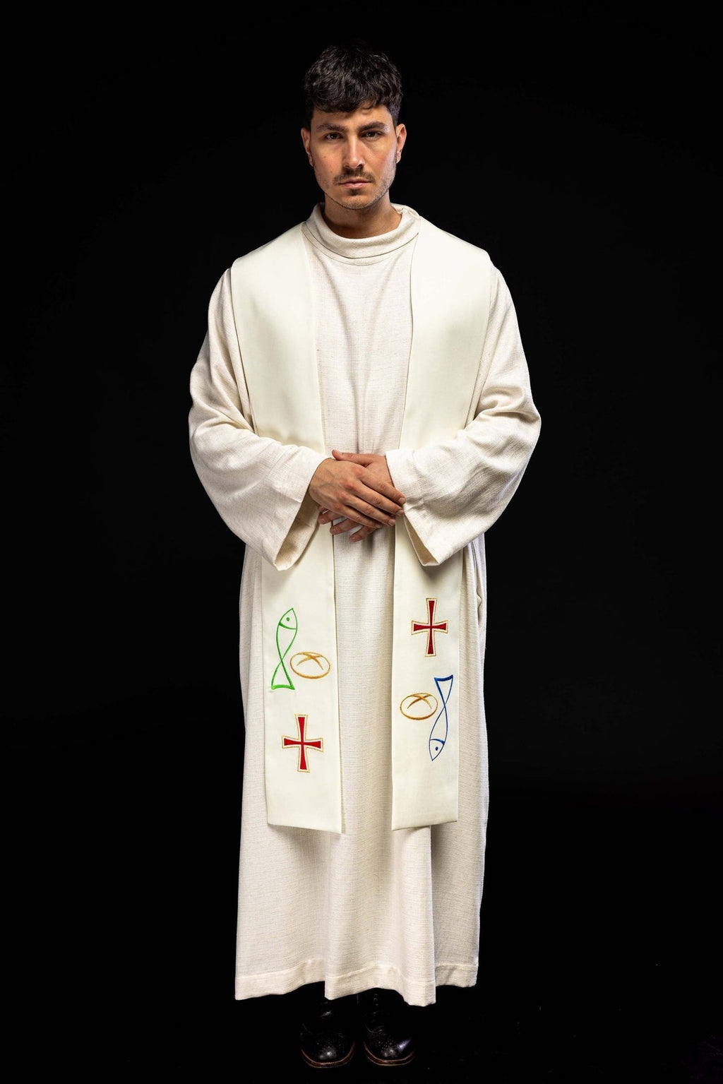 Stuła kapłańska haftowana Ryba Chleb Krzyż w kolorze ecru