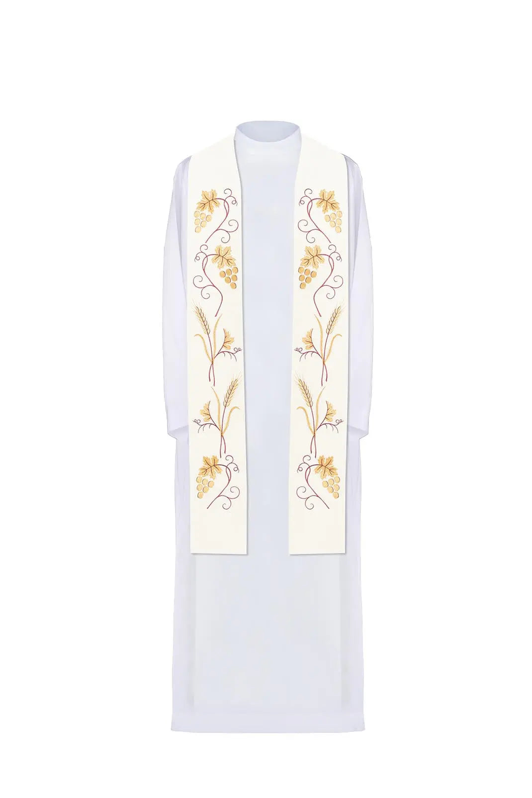 Embroidered priest's stole with grape and ear motif in ecru