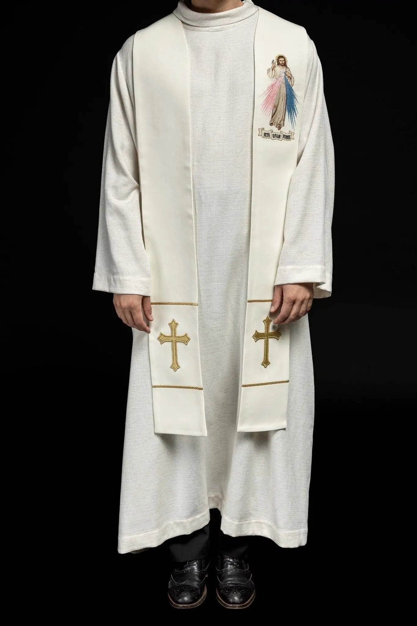 Étole sacerdotale Jésus Miséricordieux, Jésus j'ai confiance en toi écru