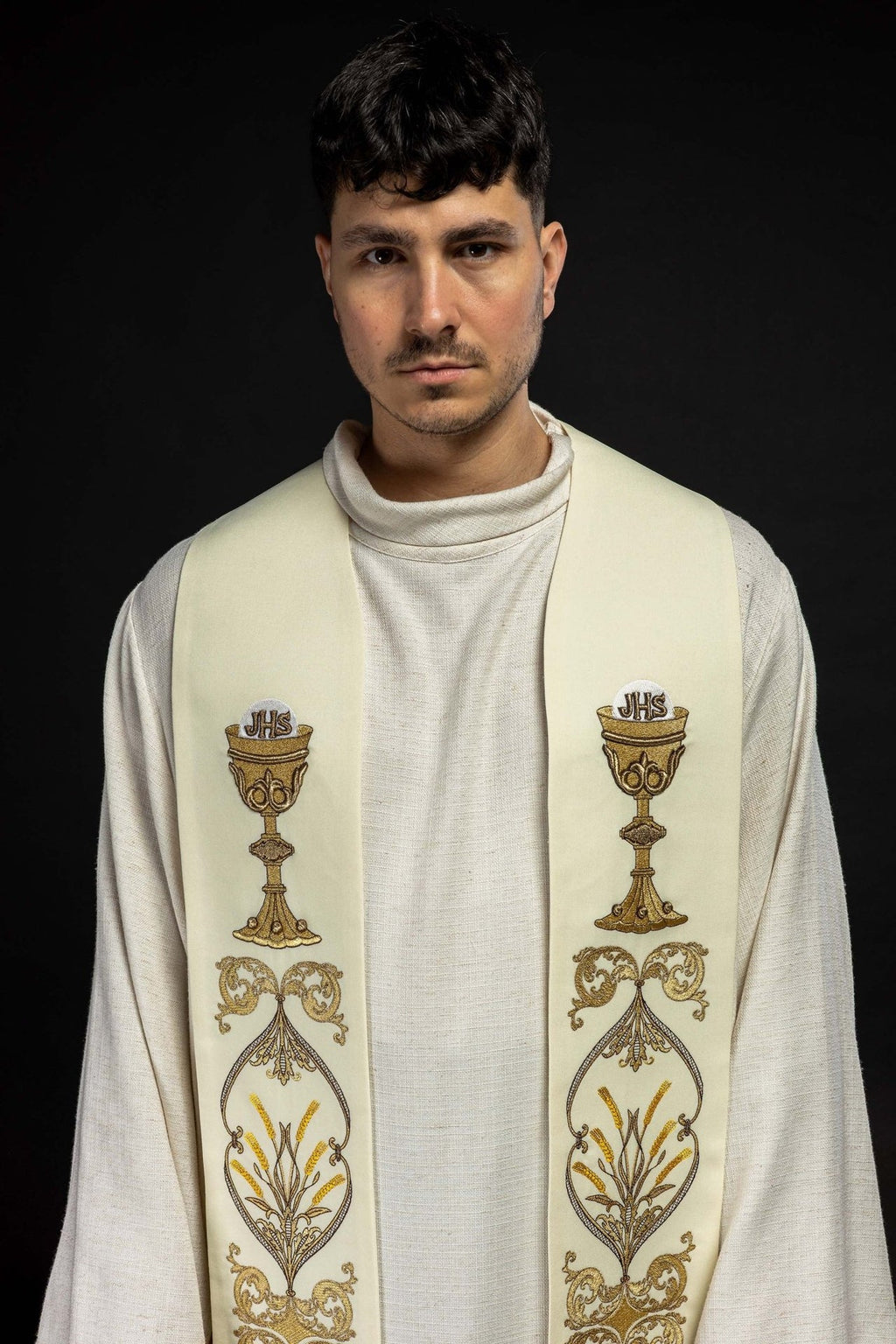 Stuła kapłańska kielich IHS ecru