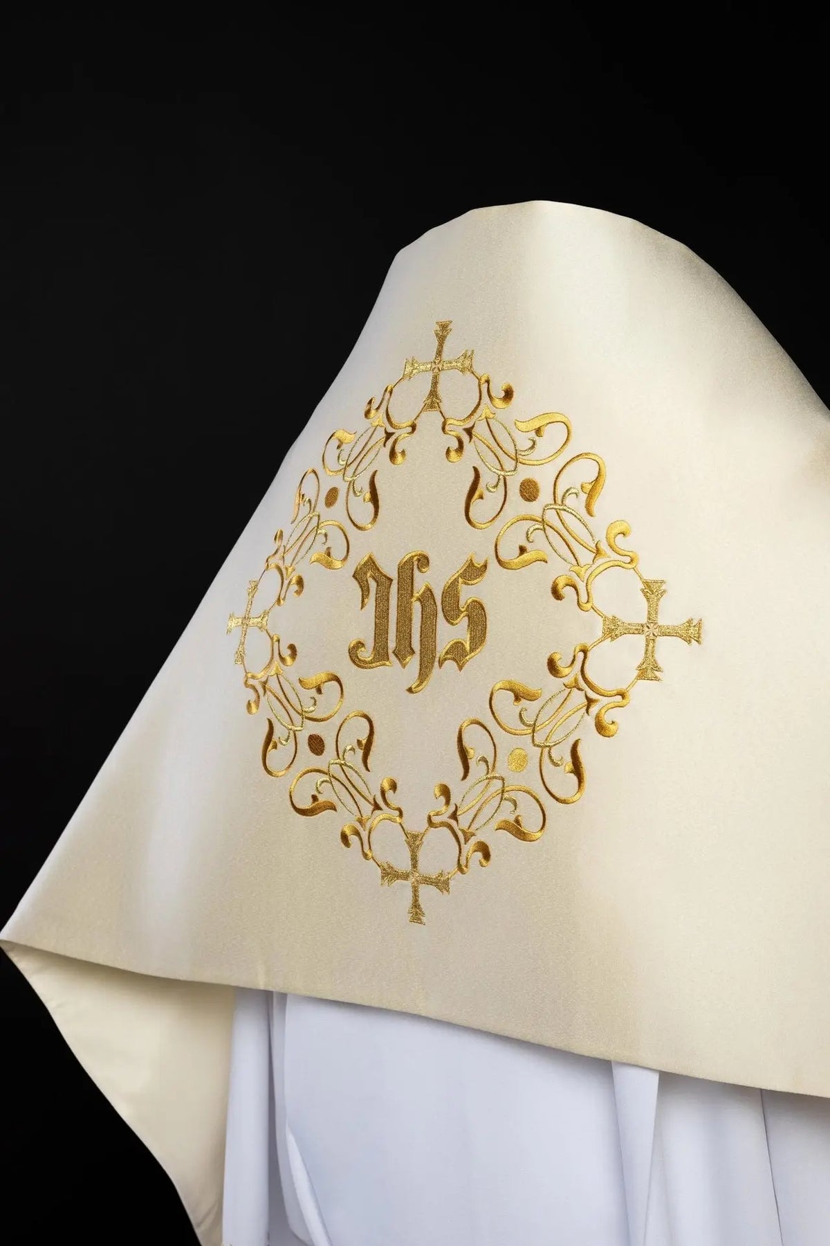 Embroidered veil with image of IHS with floral motif ecru