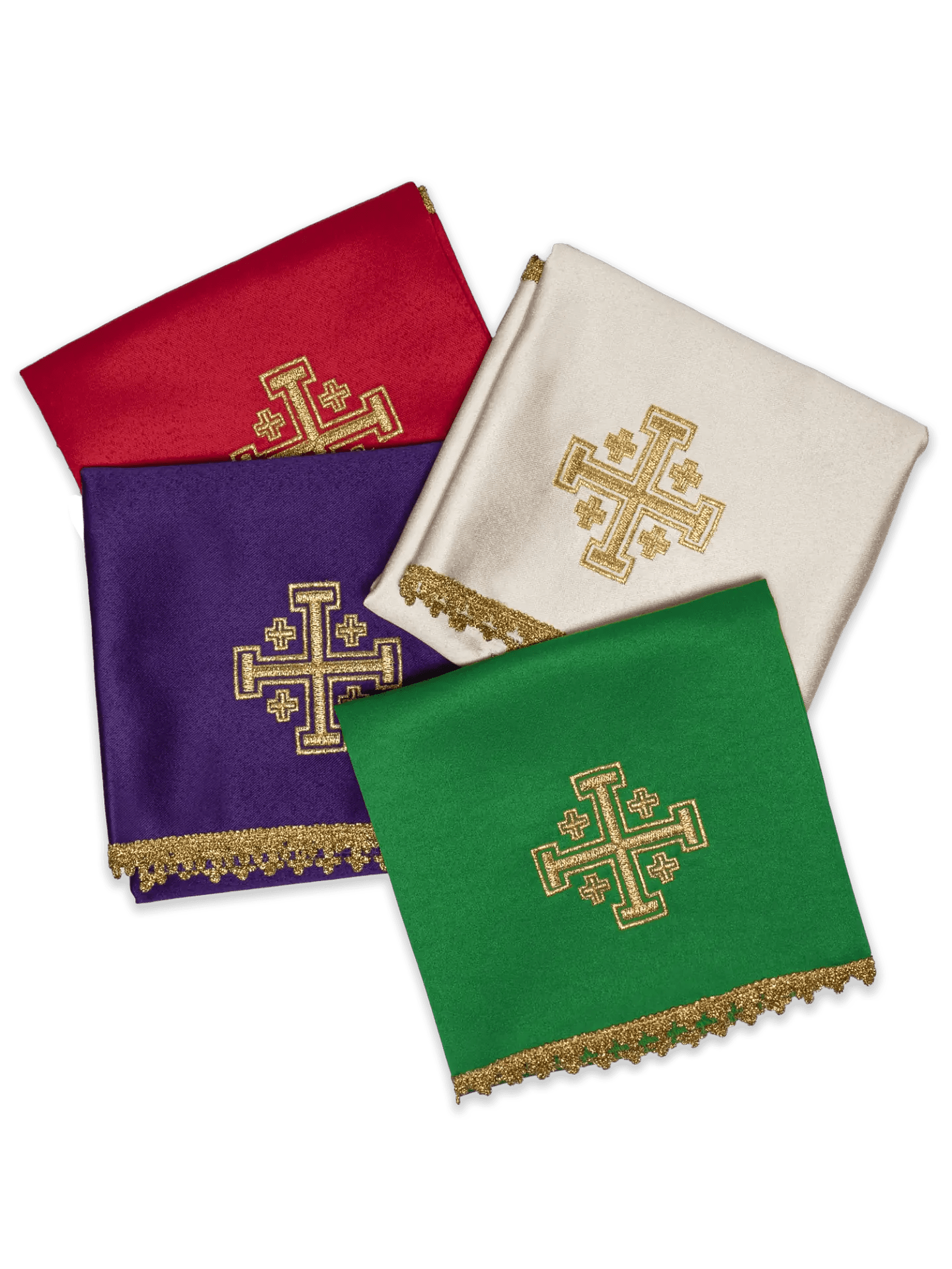 Ensemble de quatre voiles de calice avec broderie de la Croix de Jérusalem