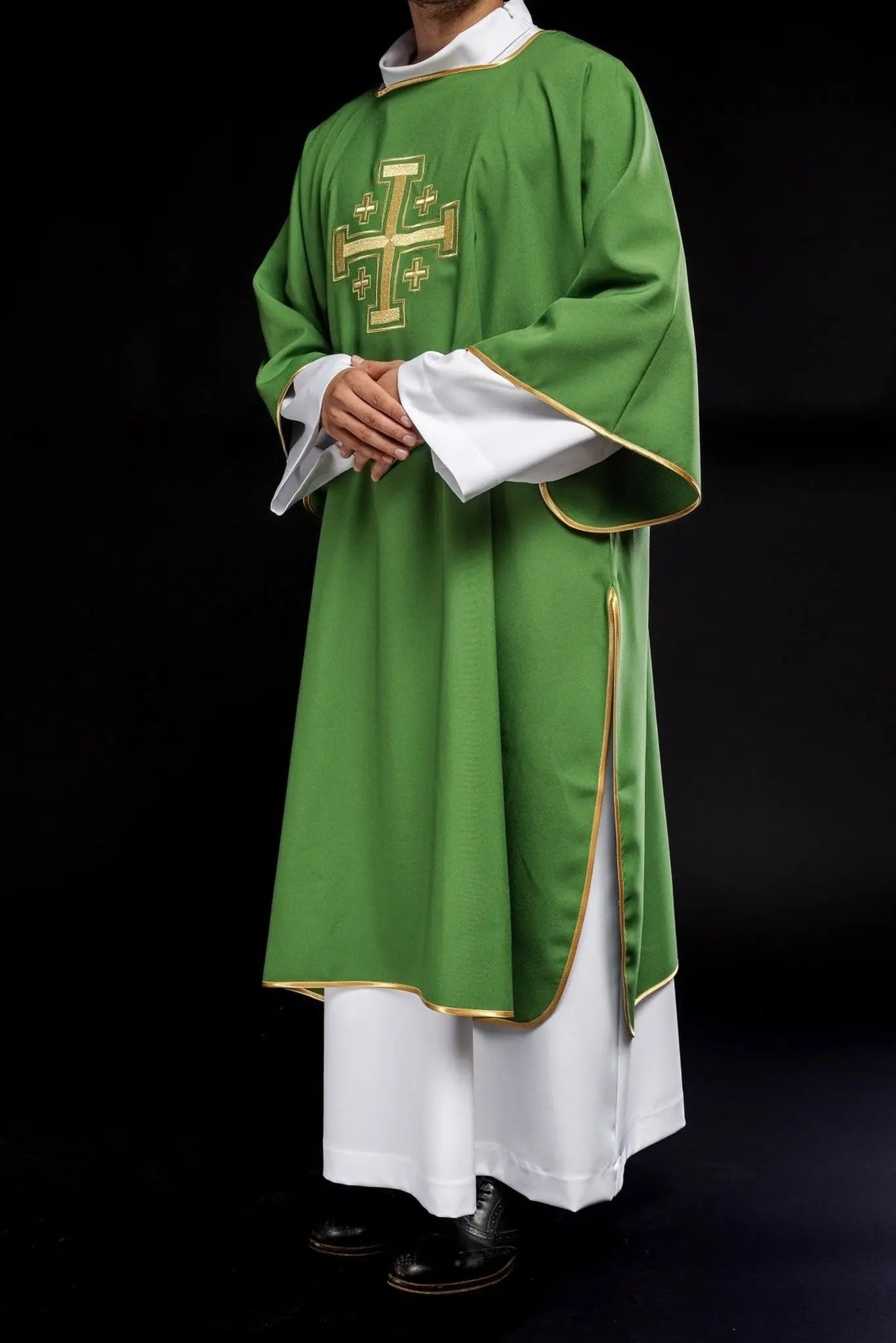 Green Dalmatian with embroidered gold crosses
