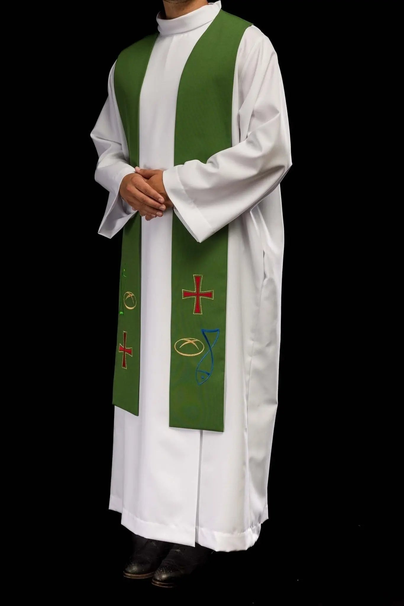 Étola de prêtre verte brodée avec motif Poisson Pain Croix